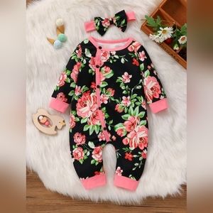 Baby Floral Print Button Front Jumpsuit with matching headband
